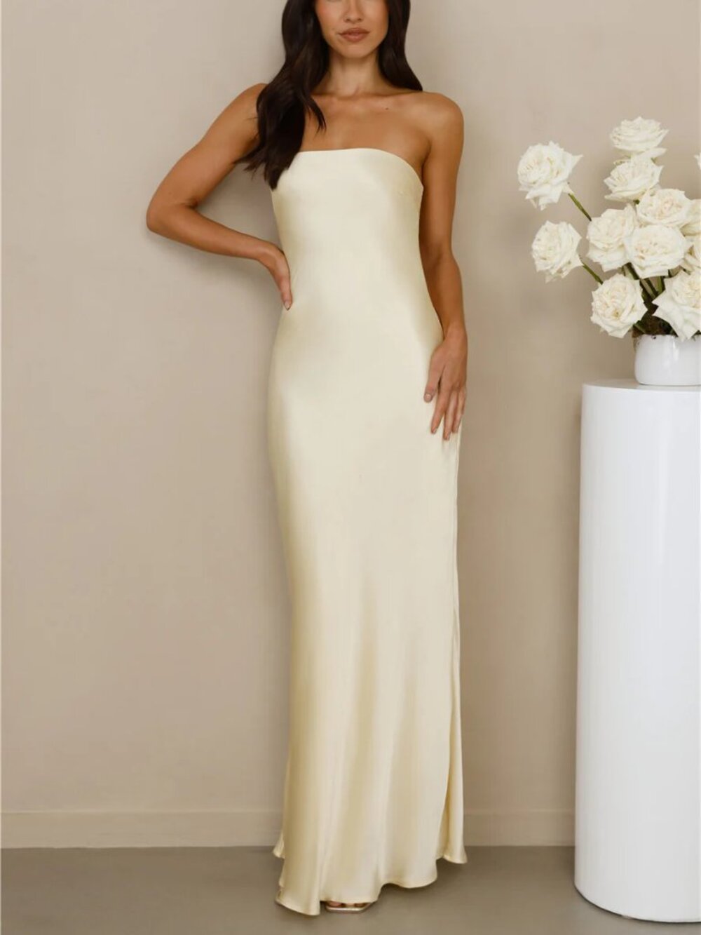 The Felicity Strapless Satin Maxi Dress Butter Yellow - Hello Molly